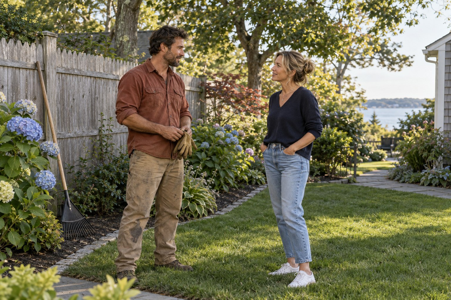 A lawn care worker and homeowner talking beside a garden fence