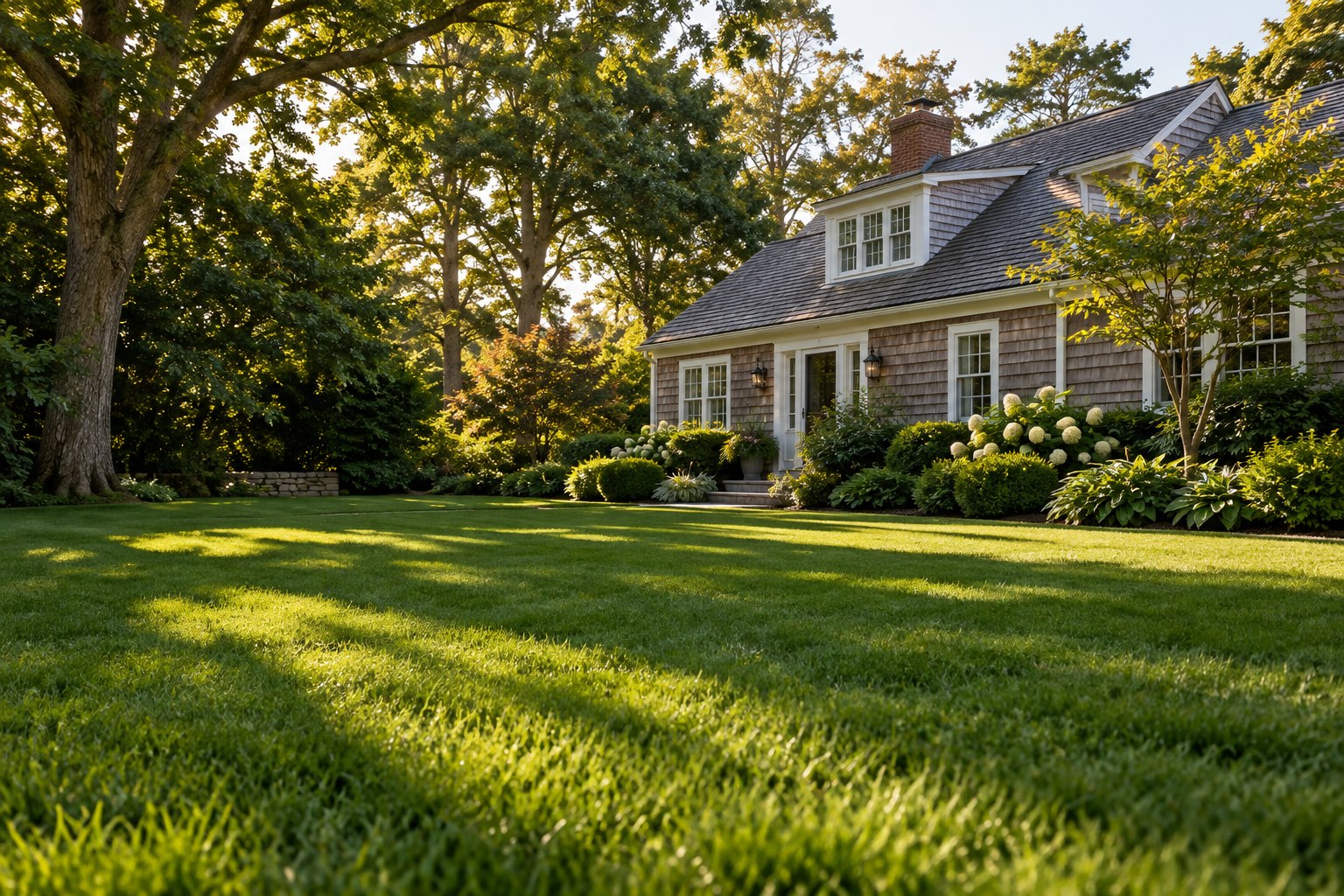 A well-kept lawn beside a cedar-shingle home and mature trees