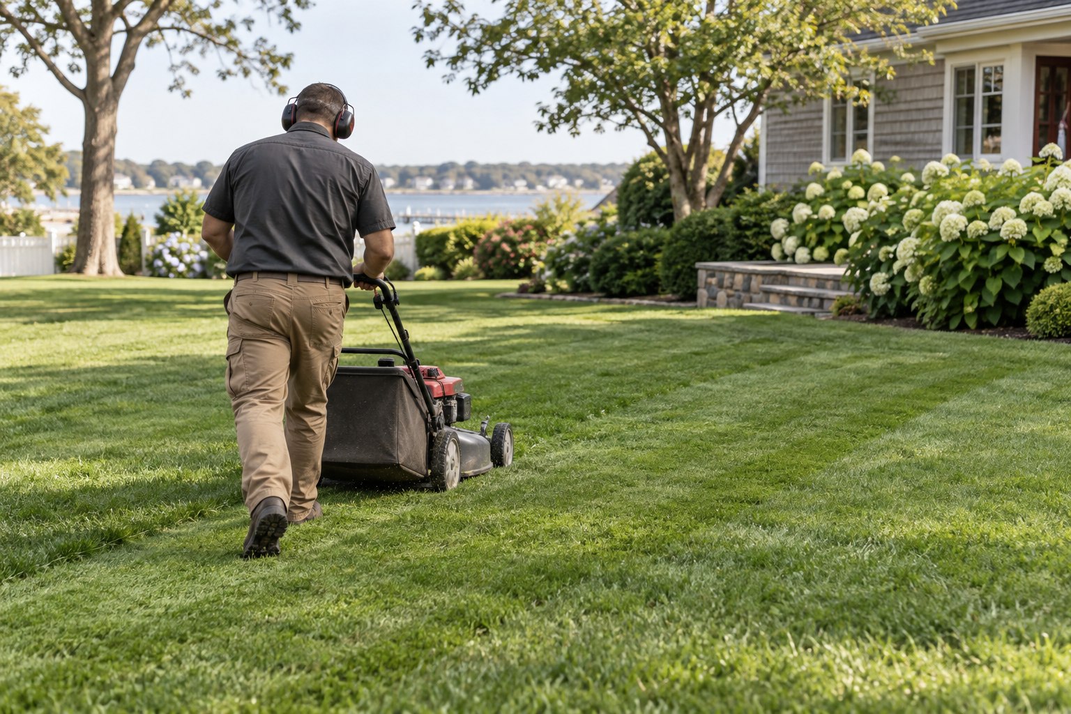 A lawn care worker mowing a residential lawn